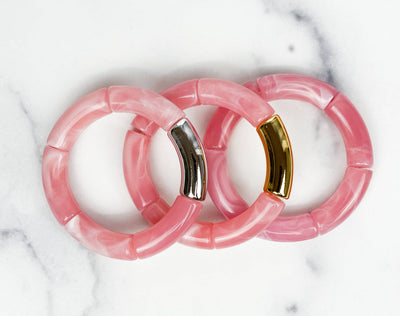 Acrylic Bamboo Bangle Bracelet "Marbled Light Pink'': 7 Inch / Solid