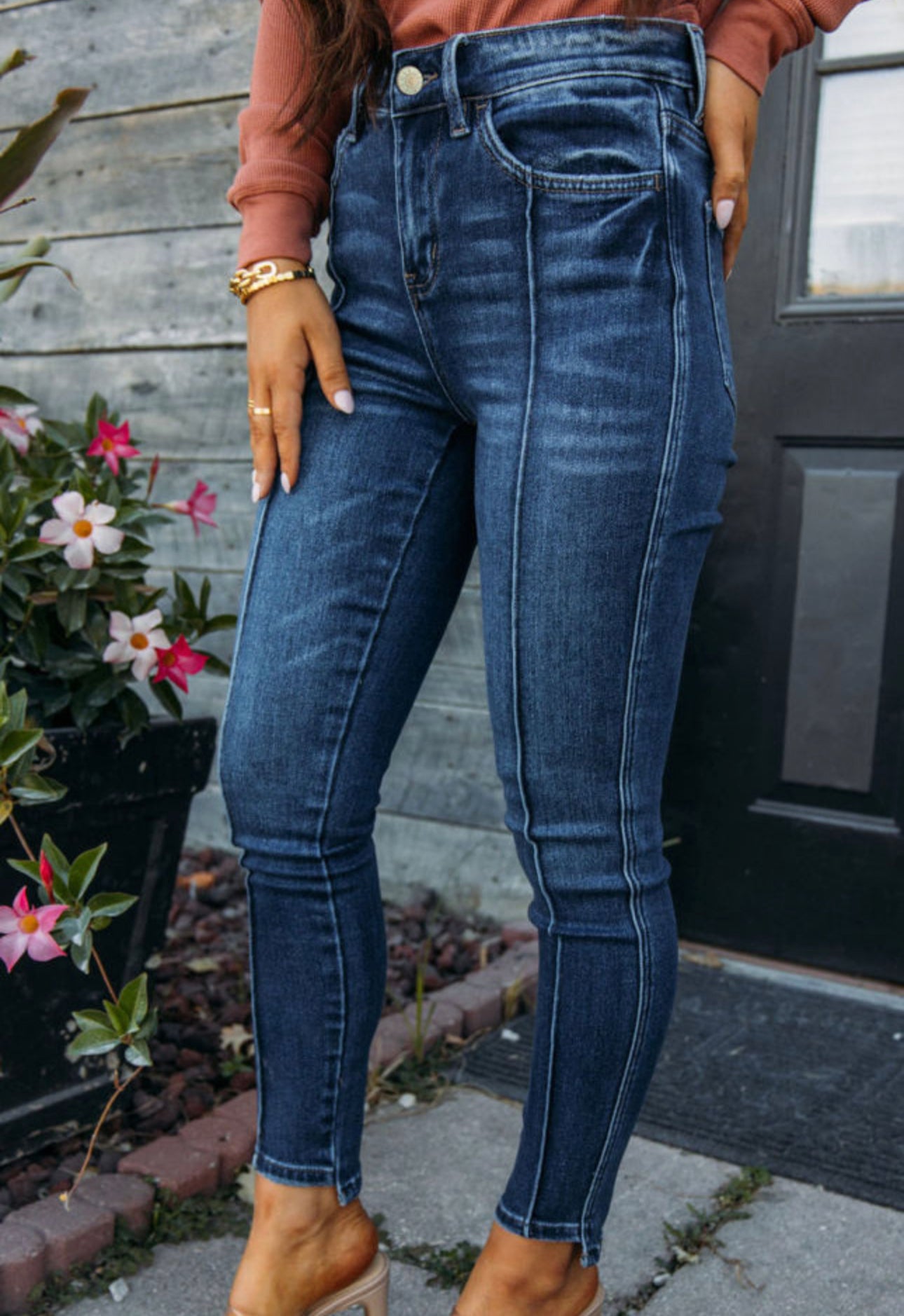 Blue seamed high waist skinny jeans