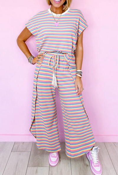 Pink stripe rainbow tee tasseled string wide leg pants set