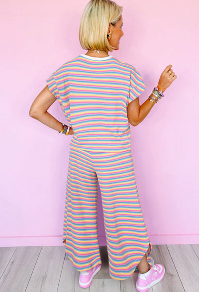 Pink stripe rainbow tee tasseled string wide leg pants set