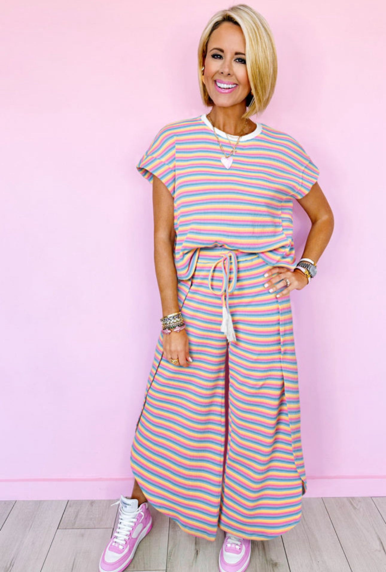 Pink stripe rainbow tee tasseled string wide leg pants set