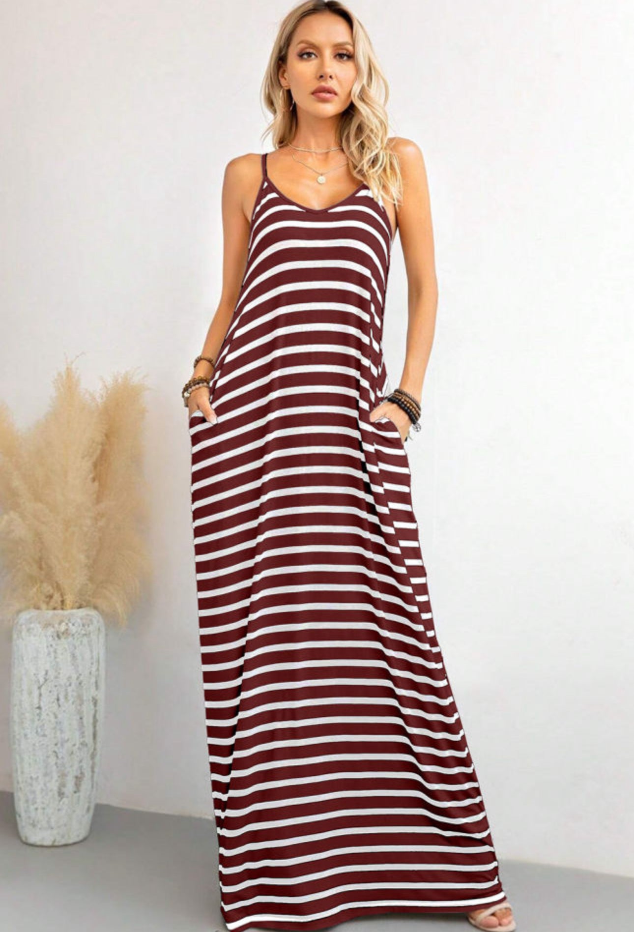 Burgundy stripe pocket spaghetti strap maxi dress