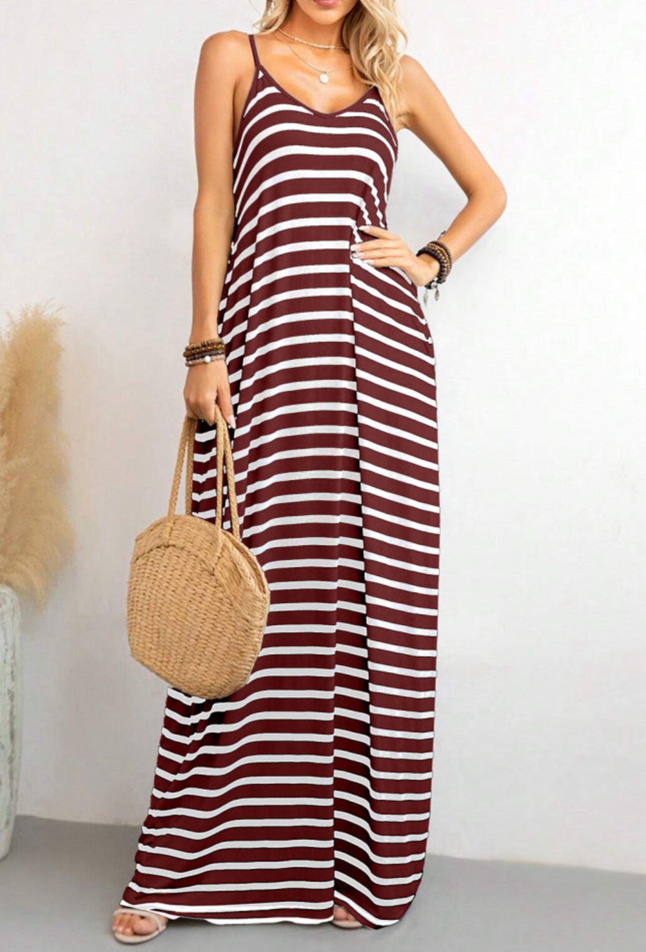 Burgundy stripe pocket spaghetti strap maxi dress