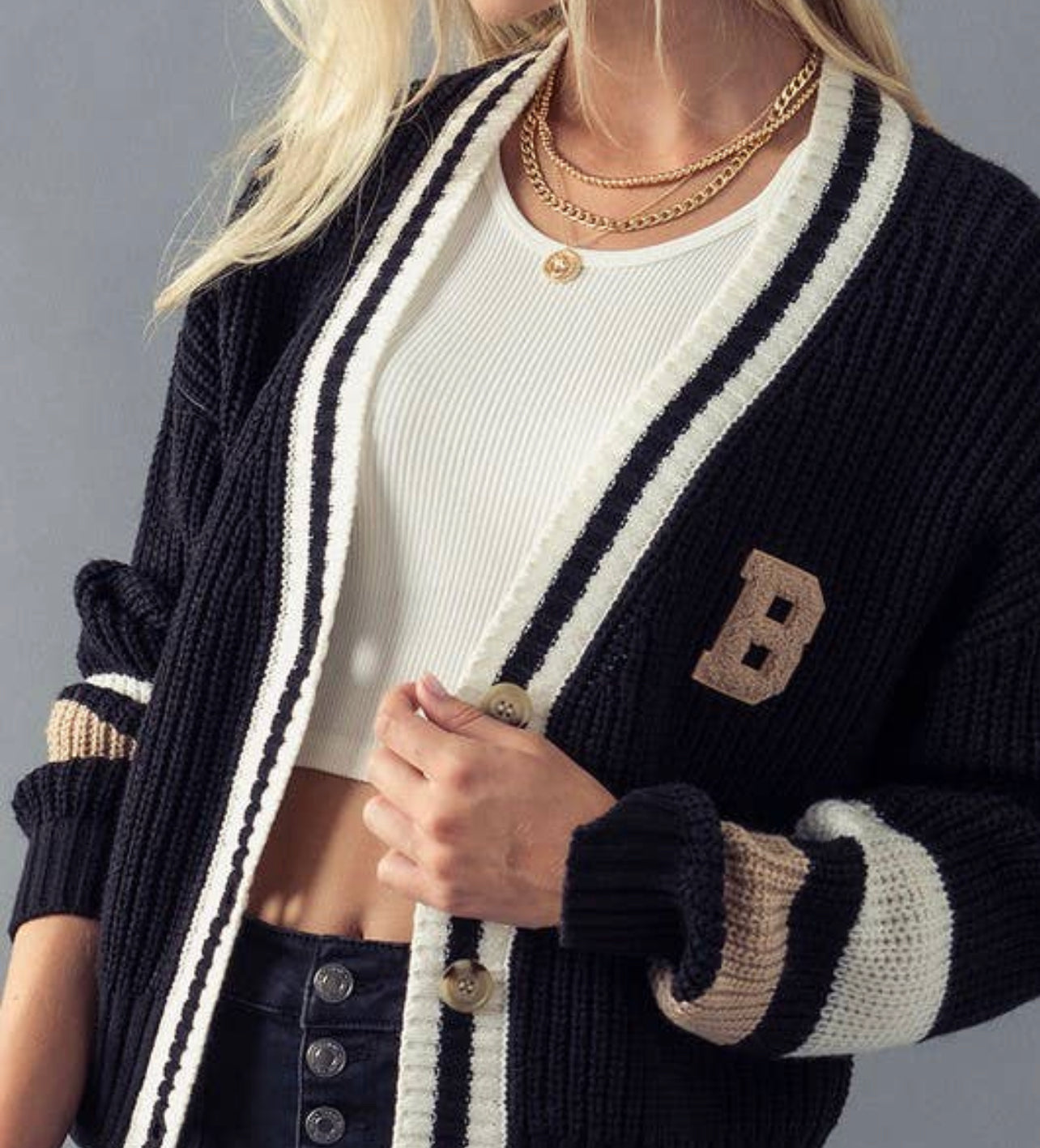 Letter Embroidered Sleeve Stripe Cardigan