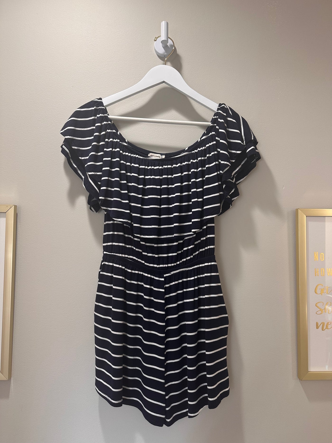 Striped Off Shoulder Romper Navy