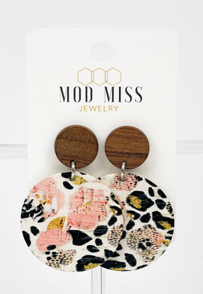 Cork+Leather Round Earring "Leopard Pansy'': Gold Stud