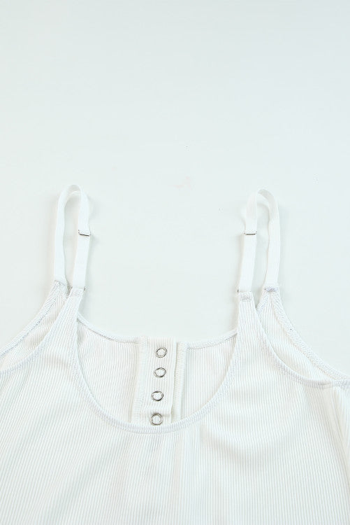 White Ribbed Knit Button Notch Adjustable Straps Bodysuit