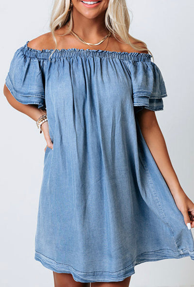 Sky Blue Off-shoulder Ruffle Sleeves Chambray Dress