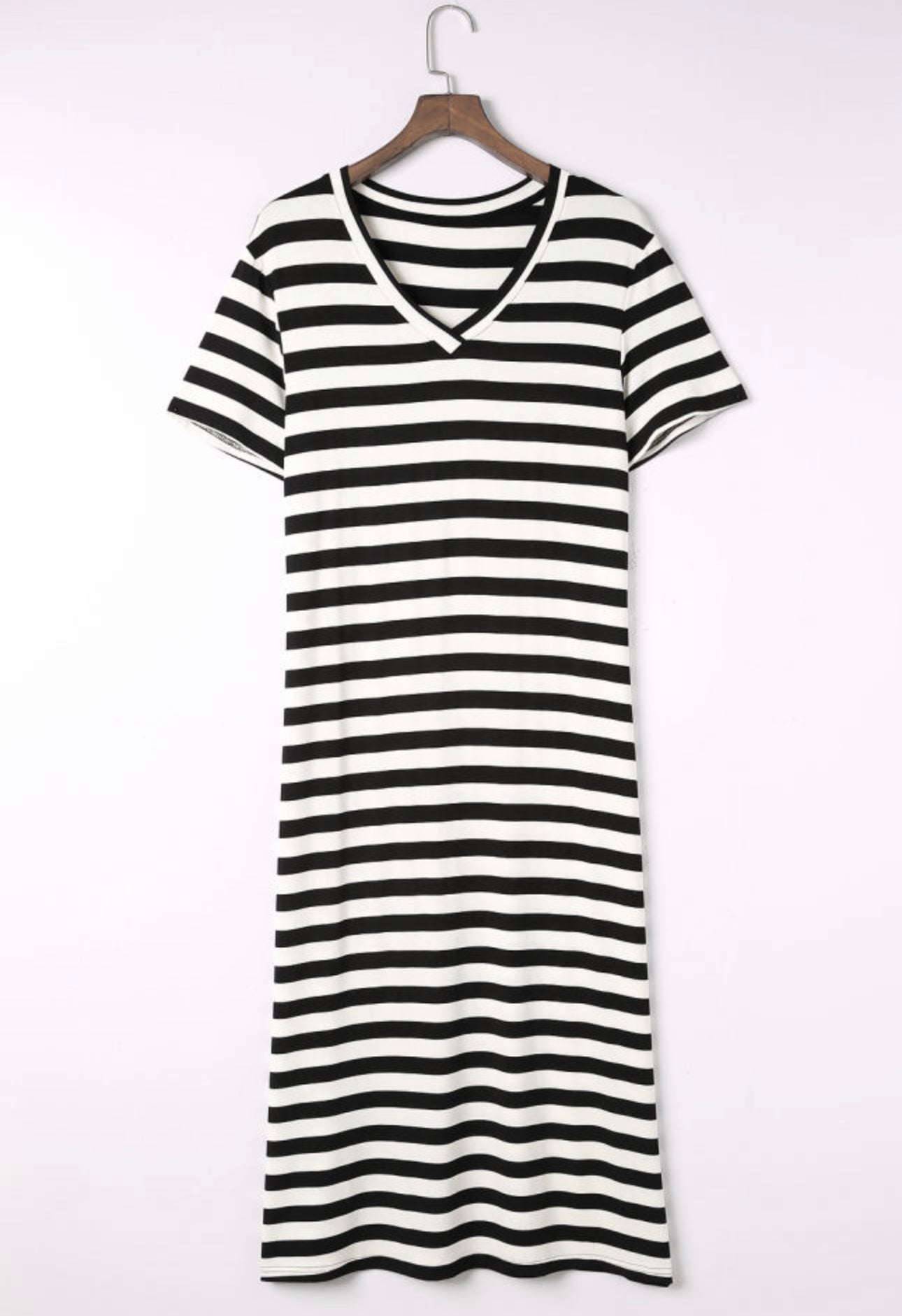 Black Stripe Print V Neck Maxi Dress with Side Splits