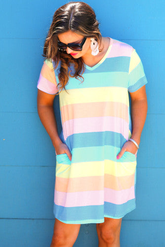 Multicolor Colorblock Pocketed V Neck T-shirt Dress