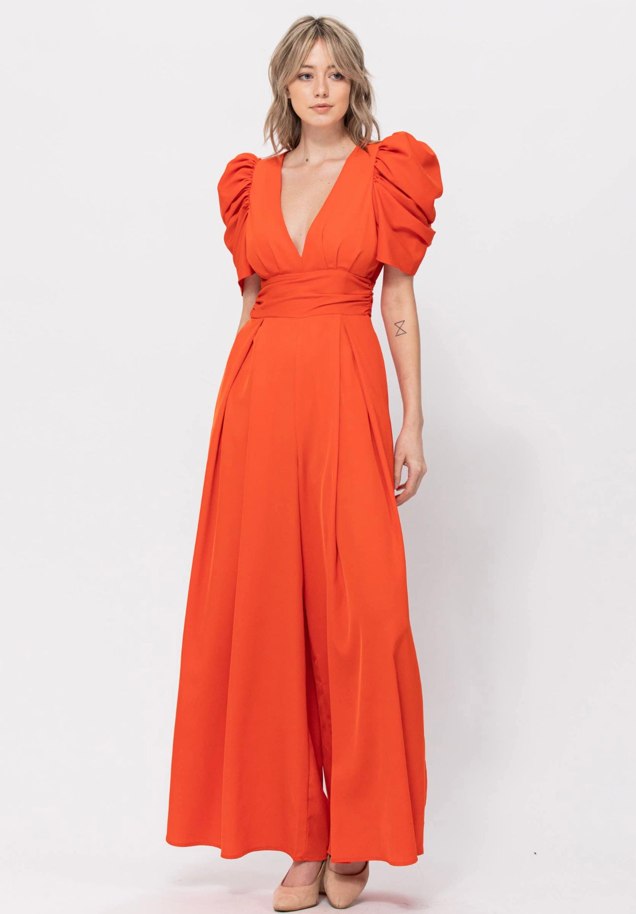 Puff Sleeve V Neck Wide Fit Jumpsuit