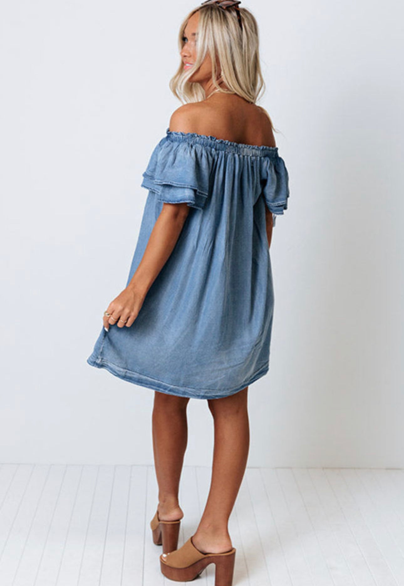 Sky Blue Off-shoulder Ruffle Sleeves Chambray Dress