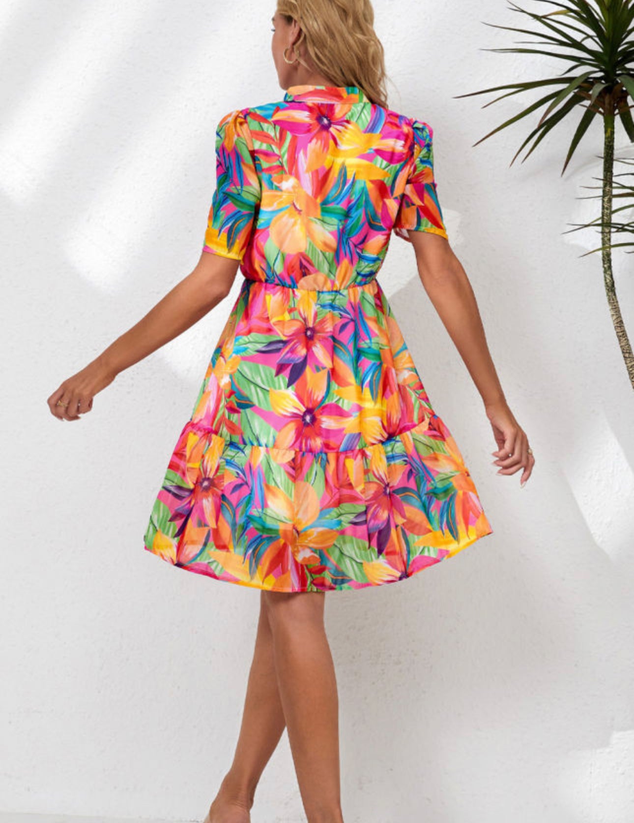 Multicolor Summer Floral Print V Neck Short Sleeve Dress
