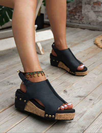 Black vintage leather stitching studded wedge sandals