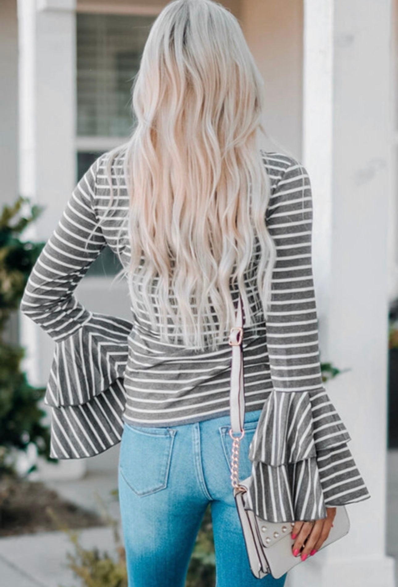 Gray Double bell sleeves stripe top