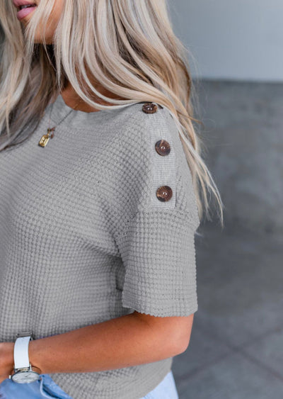 Button short sleeve waffle knit top