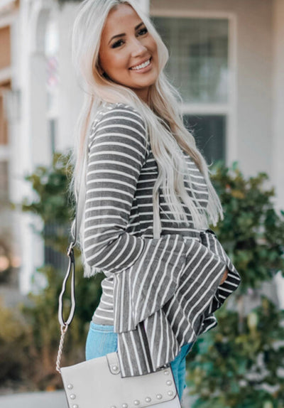 Gray Double bell sleeves stripe top